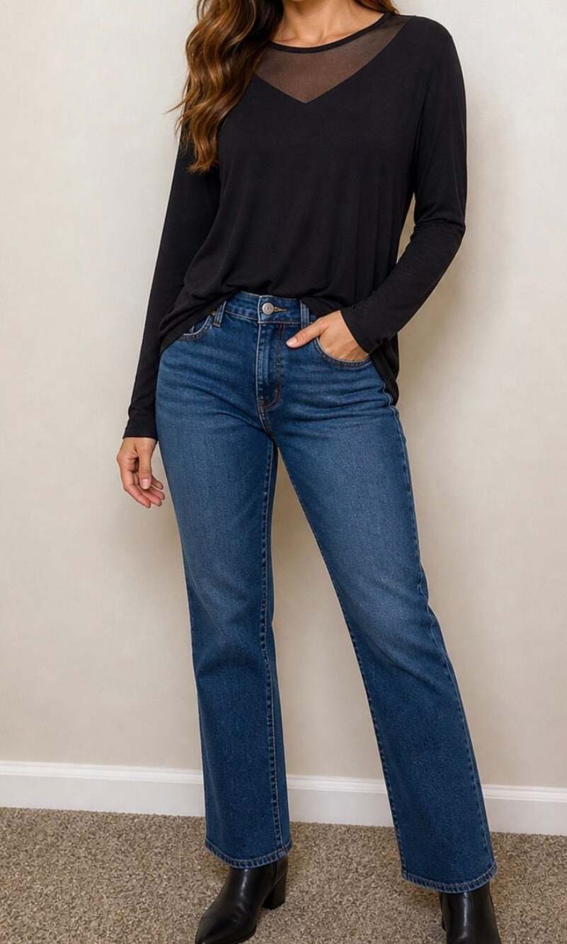 Tahari Black Long Sleeve Mesh Inset V-Neck Top Size Medium